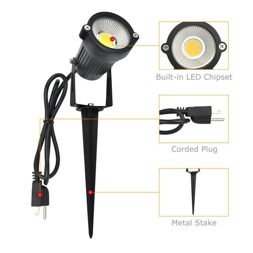 J.LUMI GSS6005 LED Spotlight 5W, 120V AC Line Voltage, 3000K Warm, Metal Construction with Ground Stake, Landscape Spot Light, Outdoor and Indoor Use, 3-ft Cord with Plug, Black (Pack of 2)