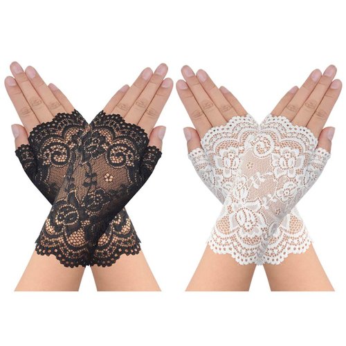obmwang 2 Pairs Women&#39;s Lace Gloves Fingerless Floral Gloves Bridal Prom Gloves for Wedding Party...