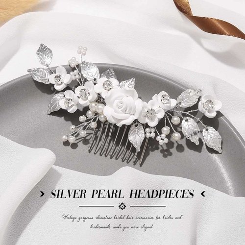 Easedaily Rose Flower Bride Wedding Hair Comb Silver Leaf Crystal Hair Piece Pearl Bridal Hair Accessories for Women and Bridemaid