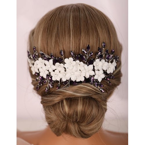 Teyglen Bride Wedding Hair Comb Bridal Flower Crystal Hair Pieces Handmade Purple Rhinestone Hair Comb Headband Floral Flower Headpieces for Wedding Hair Accessories for Bride Women Girls (Purple)
