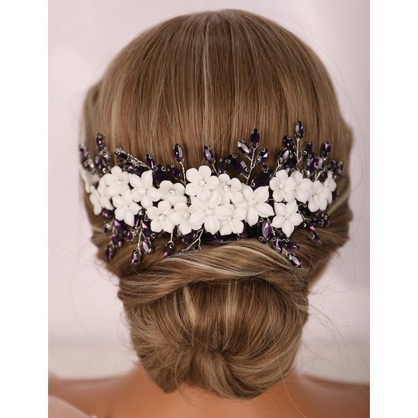 Teyglen Bride Wedding Hair Comb Bridal Flower Crystal Hair Pieces Handmade Purple Rhinestone Hair Comb Headband Floral Flower Headpieces for Wedding Hair Accessories for Bride Women Girls (Purple)