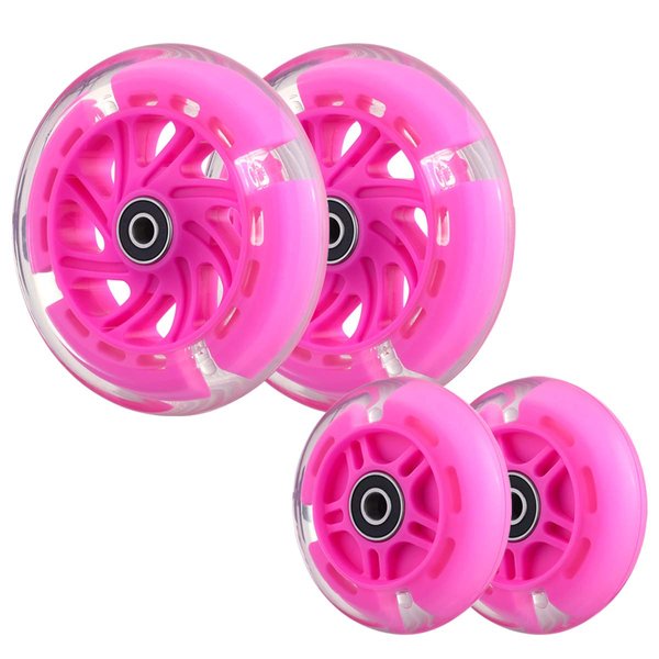 Front 120mm & Rear 80mm Light-Up Flashing 3-Wheeled kid Scooter Replacement Wheels, Complete Wheels Set for 3-Wheeled Kid Push Scooter, Set of 4 (Pink)