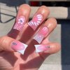White French Tips Press on Nails Duck Shaped 24Pcs Glossy Full Cover Acrylic Short Rhinestone False Nails with Floral Designs Artificial Fake Nails with Charm Glue Stick on Fingernails for Women