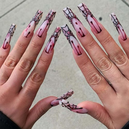 Florry Halloween Nails Red Blood Extra Long Press on Nails Square French Acrylic Nails with Spider Web Matte Reusable Fake Nails for Women and Girls 24Pcs (F)