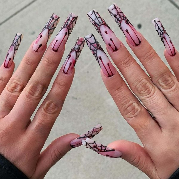 Florry Halloween Nails Red Blood Extra Long Press on Nails Square French Acrylic Nails with Spider Web Matte Reusable Fake Nails for Women and Girls 24Pcs (F)