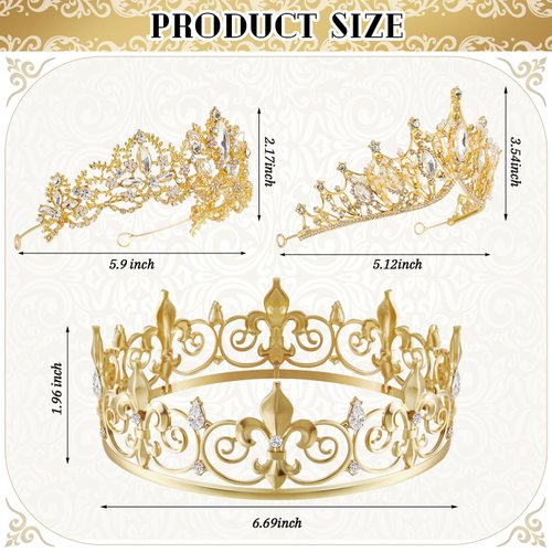 Henoyso 4 Pcs Prom King and Queen Crowns for Men Women King Queen Tiara Crystal Headband Homecoming Costume Party Favor(Gold, Delicate)