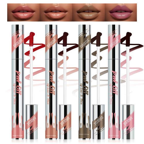 DAGEDA 4 Colors Peel Off Lip Liner, Peel Off Lip Stain Set Tattoo Lip Liner with Tweezer,Waterproof, Long Lasting Lip Stain, Highly Pigmented Matte Finish Lip Tint Stain