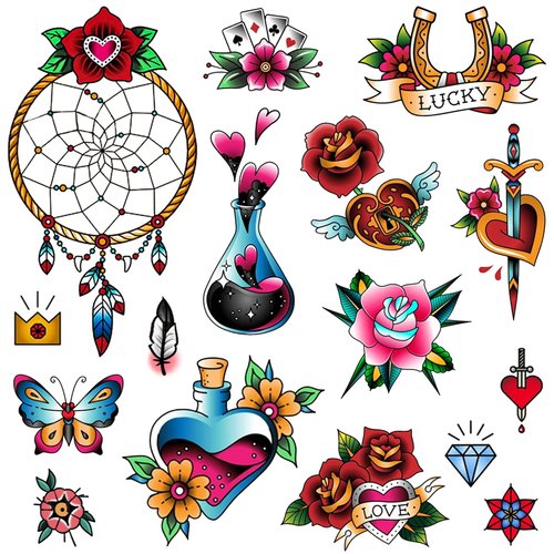 CARGEN Classic Temporary Tattoos - Traditional Old School Vintage Cool Stickers Sailor Jerry Style Dreamcatcher Butterfly Potion Bottle Flower Anchor Sword Poker Diamond Temporary Tattoo Fake Tattoo