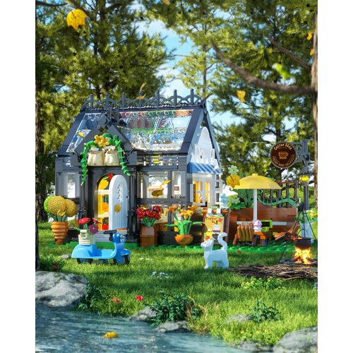 Muiurple Flower House with Coffee Shop Building Set, Outdoor Parasol & Piano Building Kits with Lights, Greenhouse Model Gifts for Her, Home Decoration Office Coffee Bar Display(485 Pieces)