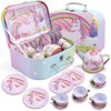 JOYIN Unicorn Tea Set for Toddlers Tea Party Set for Children Kids Pretend Role Play Tin Teapot Set with Cups, Plates and Carrying Case Kitchen Toy for Little Girls Birthday Gifts Age 3 4 5 6