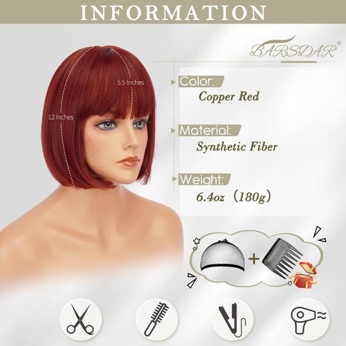 BARSDAR Short Bob Wig With Bangs - 12 Inch Copper Red Wigs for Women Short Bob Wig With Bangs - Natural Looking Soft Heat Resistant Synthetic Hair Replacement Wig Daily Party Halloween - Copper Red