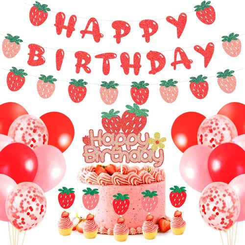 CODOMOR Strawberry Birthday Party Decoration Set with Strawberry Birthday Balloon Garland, Strawberry Cake Toppers, Strawberry Balloons for Baby Girls First Birthday Party Supplies, Fruit Themed Party Supplies