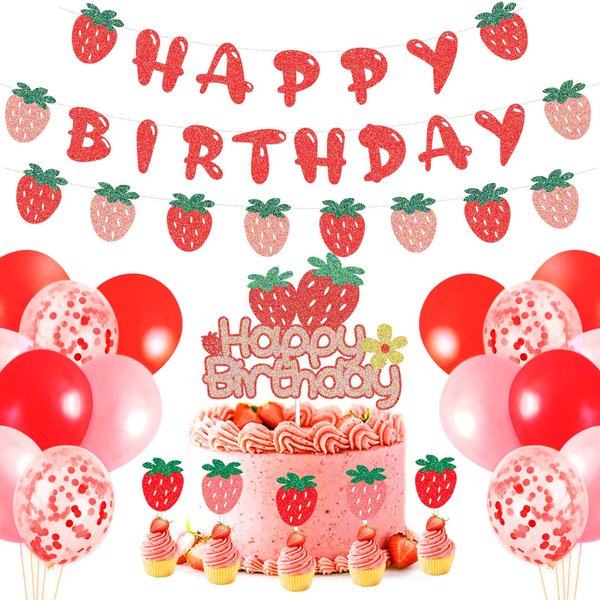 CODOMOR Strawberry Birthday Party Decoration Set with Strawberry Birthday Balloon Garland, Strawberry Cake Toppers, Strawberry Balloons for Baby Girls First Birthday Party Supplies, Fruit Themed Party Supplies