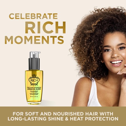 RICH Pure Luxury Rejuvenating Hair Argan Oil Elixir for All Hair Types - Repair for Dry and Damaged Hair - Enriched with Argan Oil, Sweet Almond Oil, Omega 6 & 9 - Heat Protective - 2.3 Oz