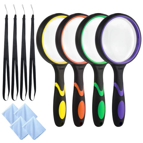 4Pcs Magnifying Glass, MODOWEY 10X Magnifying Glass Handheld for Kids Seniors, 75mm Magnify Glasses Lens Non-Slip Soft Handle Page Magnifier for Reading, Explorin, Crafts, Plant, Science