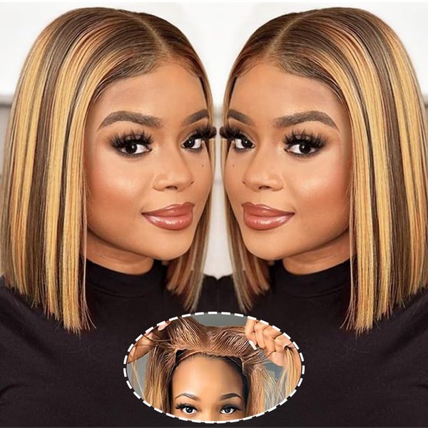 Ombre Highlight Glueless Bob Wig Human Hair Pre Plucked Pre Cut Blonde 4/27 Wear and Go Short Straight Bob Lace Front Wigs for Black Women 4x4 HD Transparent Lace Cloure Wigs 180 Density 10 Inch