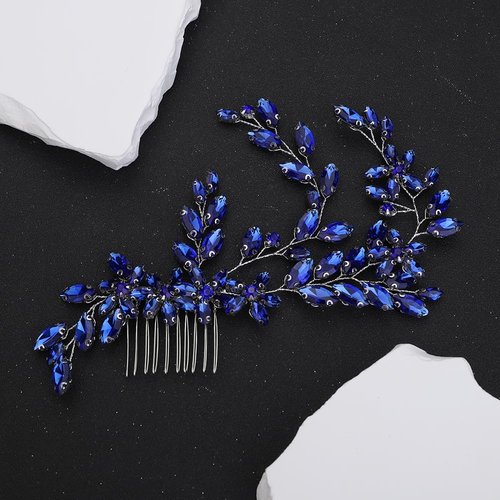 Teyglen Crystal Wedding Headpiece Flower Blue Rhinestone Bridal Hair Comb Headband Hair Accessories for Bride Handmade Blue Crystal Hair Piece Bridal Side Comb for Women Girls (Blue)