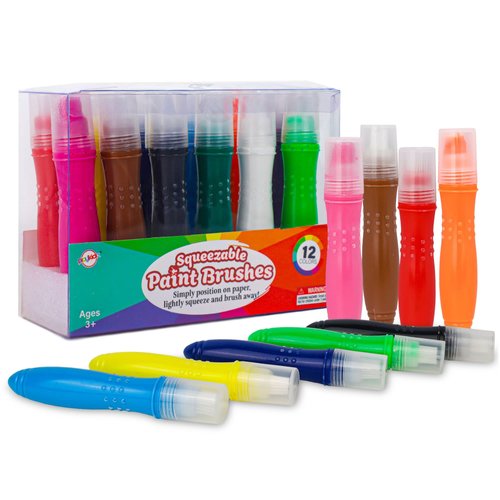 Playkidiz 12 Squeezable Paint Brushes Classic Colors For Kids, Washable Tempera Paint Brush, Assorted Fun Colors for Toddler, (24ml/0.8oz Each)