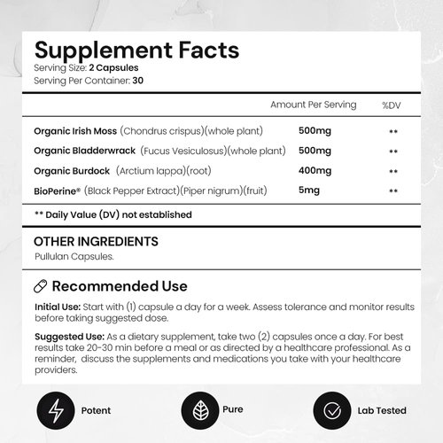 ACEWORKZ USDA Certified Organic Irish Sea Moss Capsules, Burdock Root & Bladderwrack with BioPerine® - Prebiotic Super Food - Thyroid and Gut Health - Healthy Skin & Anti-Aging (60 Capsules)