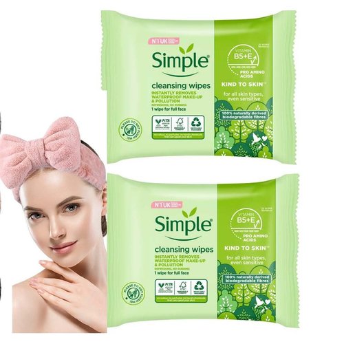 Generic Simple Kind to Skin Facial Wipes Gentle and Effective Makeup Remover Cleansing 2 Pack + Face Wash Headband