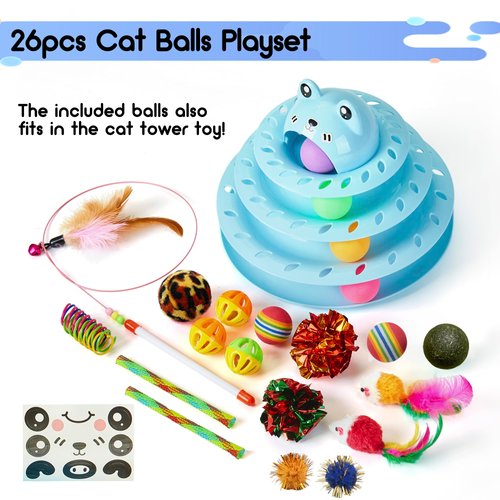Gefryco 26pcs Cat Toys Roller 4-Level Turntable for Indoor Cats, Self Play Cat Toy Track with Colorful Balls Interactive Kitten Puzzle Toys, Fun Kitty Exercise Toys Set(Blue)