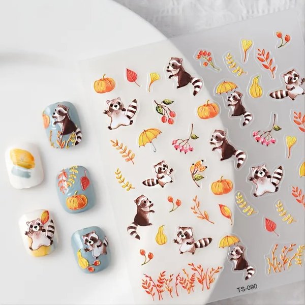 Autumn Nail Art Stickers 5D Self-Adhesive Nail Decals Autumn Maple Leaves Nail Stickers Maple Leaf Raccoon Pumpkin Nail Design Fall Nail Supplies Cute Nail Slider for Women Girls Nail Art Decoration