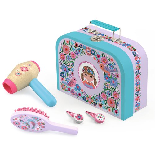 DJECO Hair Salon Toys Kit for Girls - Pretend Play Hair Stylist for Little Kids - Hairdresser Game w/ Toy Comb, Brush, Pretend Hair Straightener, Hairdryer, Scissor & Mirror for Toddlers Ages 3+