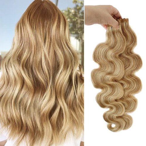 Body Wave Tape in Blonde Balayage Hair Extensions 100% Remy Human Hair 60grams/20pcs Strawberry Blonde to Bleach Blonde Fine Hair Tape ins Extensions(H#27/613, 22inches)…