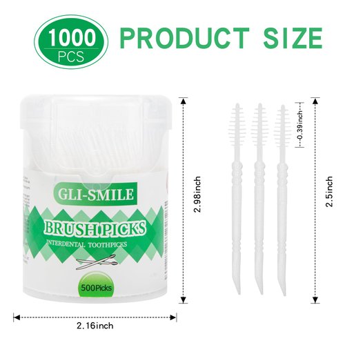 GLI-Smile BrushPicks Interdental Toothpicks, Soft Interdental Brushes and Dental Floss Picks 2-in-1, Teeth Plaque Remover 1000 Toothpicks, 2 Pack