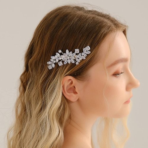 Missgrace Silver Simple Bride Wedding Prom Sparkling Zircon Side Hair Comb Crystal Rhinestones Flower Hair Comb Clips Bridal Hair Accessories Hair Piece for Women