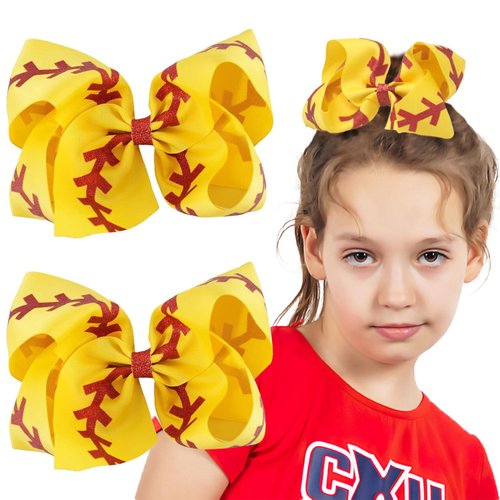 2Pcs Softball Hair Bow Clips 4.5" Grosgrain Ribbon Bows with Alligator Clips Hair Barrettes Hair Accessories for Little Girls Teens(yellow)