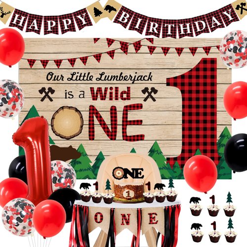 JOYMEMO Lumberjack First Birthday Party Decorations, Buffalo Plaid Camping Backdrop Wild one Happy Birthday One High Chair Banner for Bear 1st Birthday Party supplies