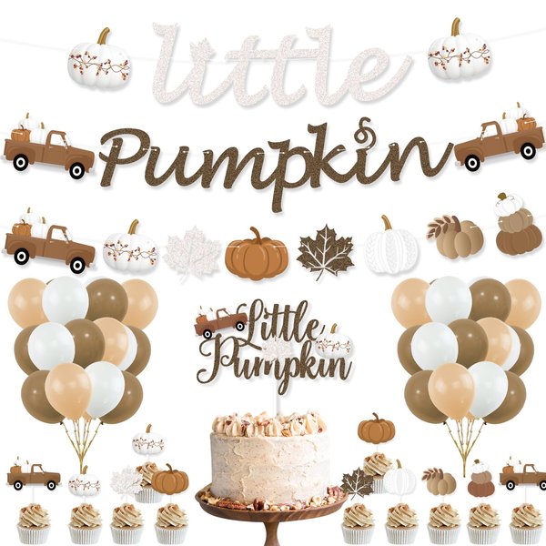 K KUMEED Little Pumpkin Party Decorations,Little Pumpkin Banner Boho Fall Leaves Pumpkin Truck Cake Topper Latex Balloons for Fall Baby Shower Birthday Decorations Party Supplies