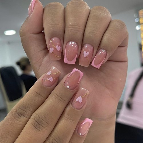 French Tip Press on Nails Medium Square Fake Nails Coffin Nails Press ons,Glossy Pink False Nails with Heart Love Gold Line Design Natural Nude Fake Nails Stick on Nails for Women Accessories 24Pcs