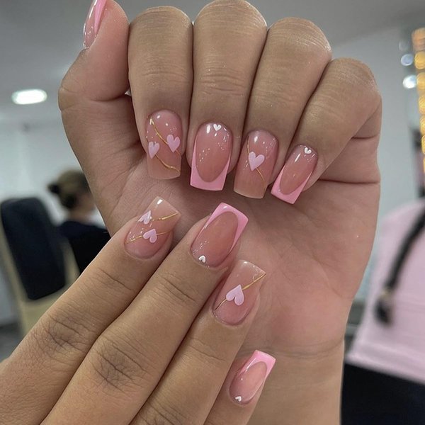 French Tip Press on Nails Medium Square Fake Nails Coffin Nails Press ons,Glossy Pink False Nails with Heart Love Gold Line Design Natural Nude Fake Nails Stick on Nails for Women Accessories 24Pcs