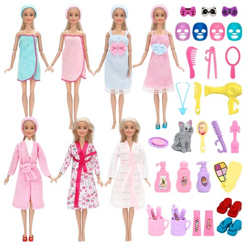 SOTOGO 47 Pieces Doll Clothes and Accessories for 11.5 Inch Girl Doll Bathroom Playset Include 7 Sets Doll Bathrobe Suit, 35 Pieces Doll Grooming Makeup Accessories