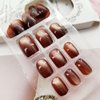 Short Press on Nails, Square Cat Eye Acrylic Nails Press ons Artificial Fake Nails Brown Full Cover False Nails with Designs Glossy Stick on Nails for Women 24 Pcs