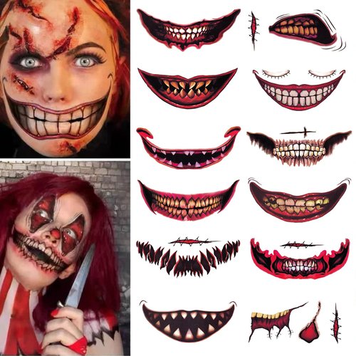 BASEMMAHER 12 Sheets Halloween Clown Horror Mouth Tattoo Stickers Prank Makeup Temporary Tattoo Paper Horror Lip Big Mouth Face Tattoos Decals for Adults Women Men Halloween Masquerade Cosplay Props