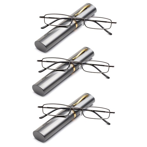3 Packs "Pocket" Readers Ultra Compact Spring Temple Reading Glasses w/Portable Pocket Clip Aluminum Case Gunmetal +3.50
