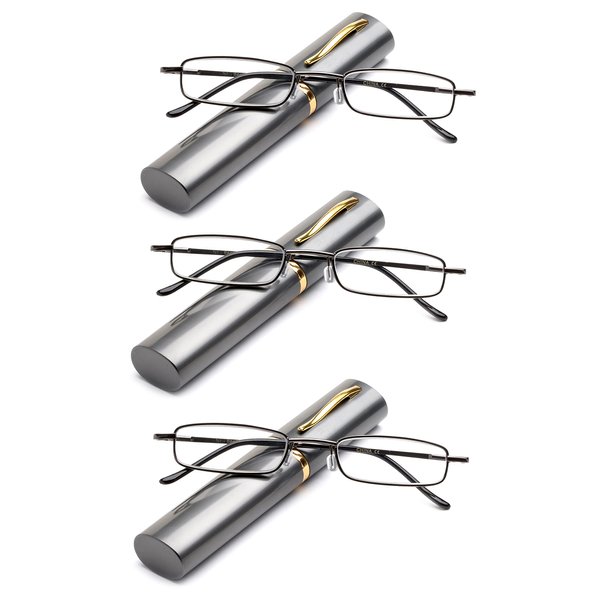 3 Packs "Pocket" Readers Ultra Compact Spring Temple Reading Glasses w/Portable Pocket Clip Aluminum Case Gunmetal +3.50