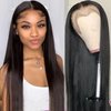 Black Straight Lace Front Wigs Synthetic Artificial Human Hair Glueless Pre-Plucked Straight Natural Hairline Synthetic Wigs Middle Part Heat Resistant Soft Baby Hair for Black Women (26 Inch)