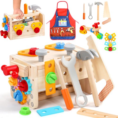 Nuheby Kids Tool Set 2 3 4 Year Old Boy Toys Wooden Toddler Tools Bench with Apron Montessori Toys for 2+ Years Old Educational STEM Construction Toddler Toy Birthday Gifts for Age 2-4 Boys Girls
