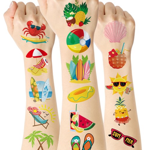 ADXCO 144 Pieces Summer Pool Party Tattoos Hawaiian Luau Themed Tattoos Waterproof Beach Temporary Tattoos Stickers for Kids and Adults, Tropical Party Decorations Supplies Favors