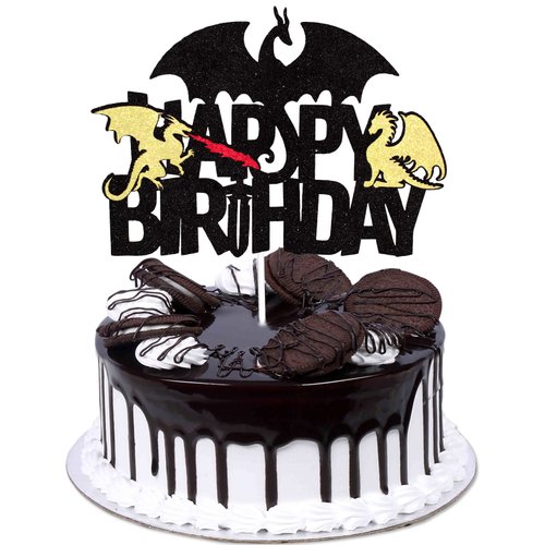 Dragon Happy Birthday Cake Topper - Fire Dragon Birthday Black Glitter Cake Topper - Boy Birthday Dragon Party Cake Decoration