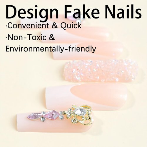 ROFIBUT French Tip Press on Nails Long Square Fake Nails with 3D Rhinestone Designs Bling Broken Diamond Full Cover Glue on Nails Glossy Nude Pink Heart Charms Acrylic Nails for Women Girls 24Pcs