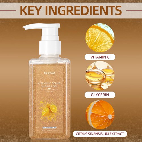2-in-1 Body Wash & Body Scrub Vitamin C (11.3fl.oz), Gentle Exfoliating Scrub for Deep Cleansing, Effective on Acne & Dead Skin, Brighten & Moisturize Skin Polishes