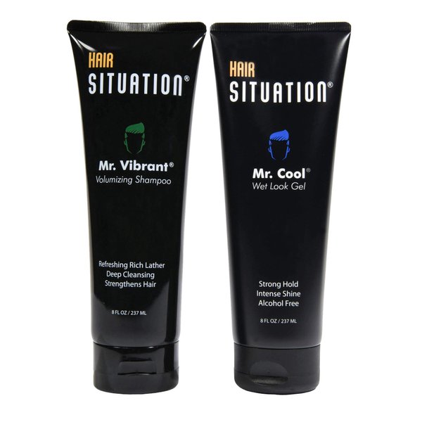 Hair Situation Mr. Cool Wet Look Hair Gel - Strong Hold, High Shine and Alcohol-Free Formula Mr. Vibrant Volumizing Shampoo for Thinning and Receding Hair Line, Fight Hair Loss For Fuller-Looking Hair