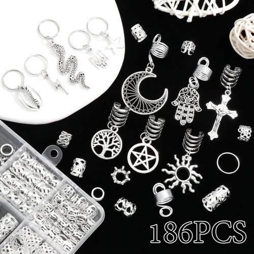 NAISKA Vikings Hair Jewelry for Braids, 186Pcs Norse Runes Tube Beads Cross Snake Loc Dreadlock Accessories, Non-Piercing Ear Cuffs Locs Jewelry for Women and Men