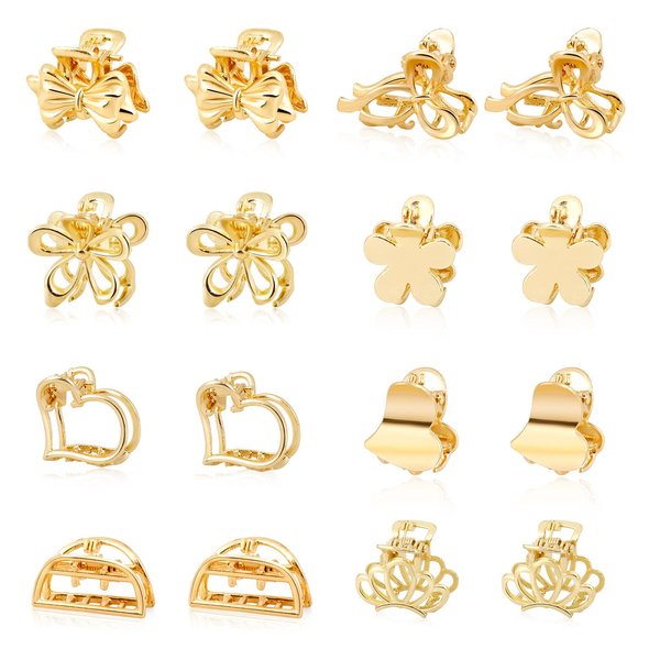 CWJCYTNSN 16PCS Small Metal Hair Claw Clips, Gold Mini Hair Clips for Thin Thick Hair, Cute Tiny Hair Clips, Little Flower Hair Jaw Clamps, Nonslip Bangs Pins Hair Accessories for Women Girls