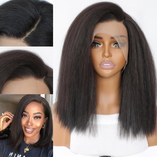 MACA BAKA 14 Inch Short Kinky Straight Lace Front Wig 180 Density Glueless Natural Black Afro Yaki Straight Synthetic Lace Front Wigs for Black Women Pre Plucked 5 Inch Side Deep Parting